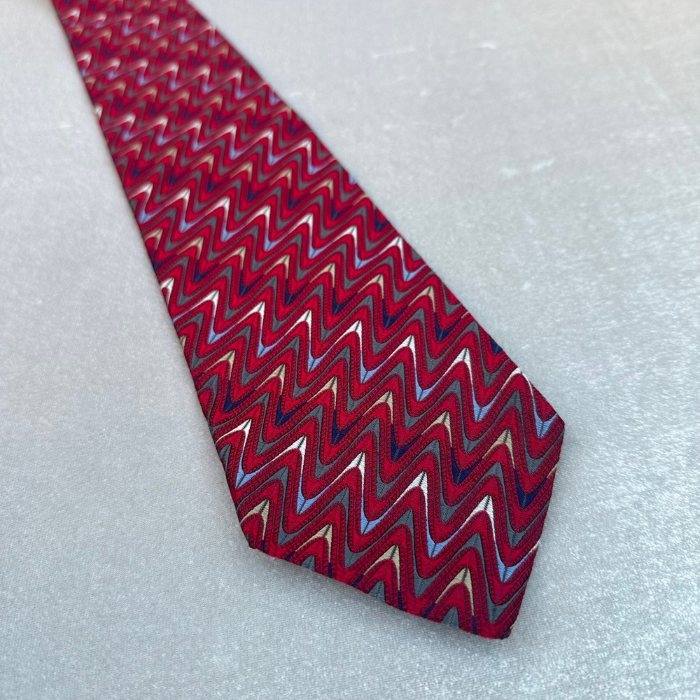 XMI Platinum Silk Tie Red Geometric Handmade USA Long 60" 3.75" Necktie
